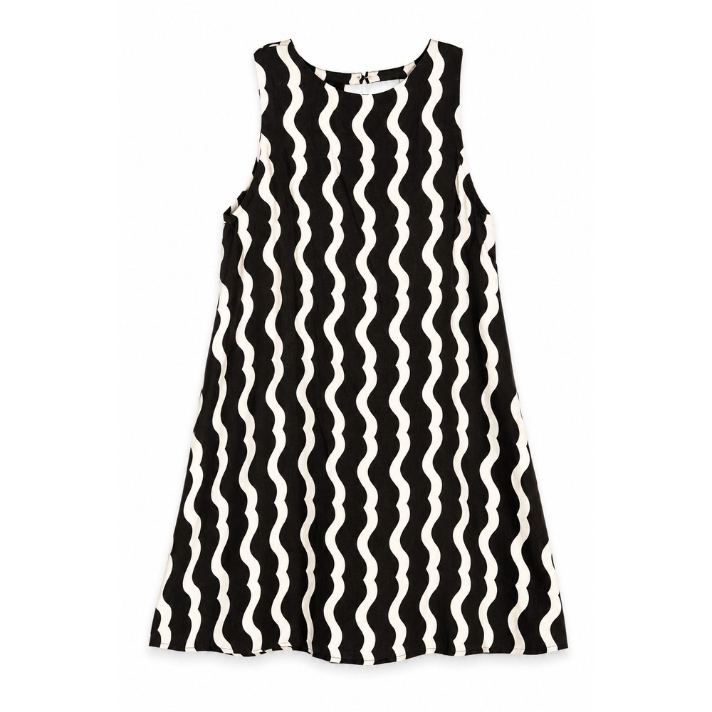 Mister Zimi Linen Rayon Wave Stripe Sleeveless A-Line Dress Black Ivory US 8...